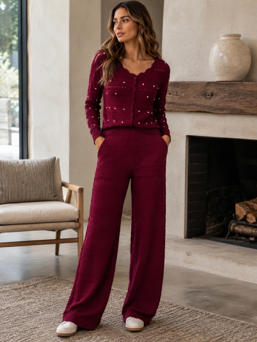 Women's Wide Leg Knit Pants in Deep Burgundy